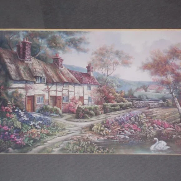 Cottage Scene signed, matted, framed under glass in ornate frame print - Picture 3 of 6